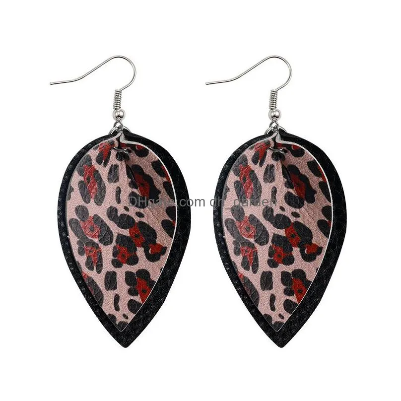 fashion designer leaf water drop pu leather earrings charm for women leopard stripes double layer dangle earrings party wedding jewelry