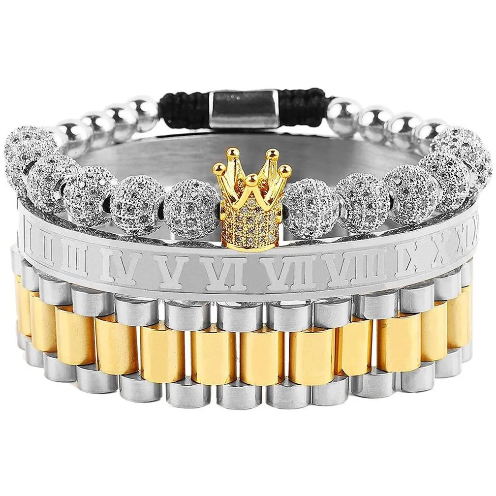 3pcs/set imperial crown king mens bracelet pave cz gold bracelets for men luxury charm fashion cuff bangle birthday jewelry