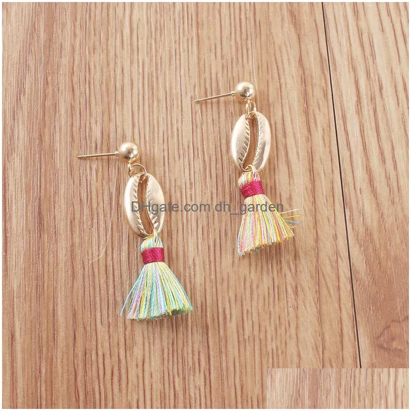 new bohemian shell tassel earrings colorful silk fabric alloy shell shape long drop dangle earring for women jewelry gifts