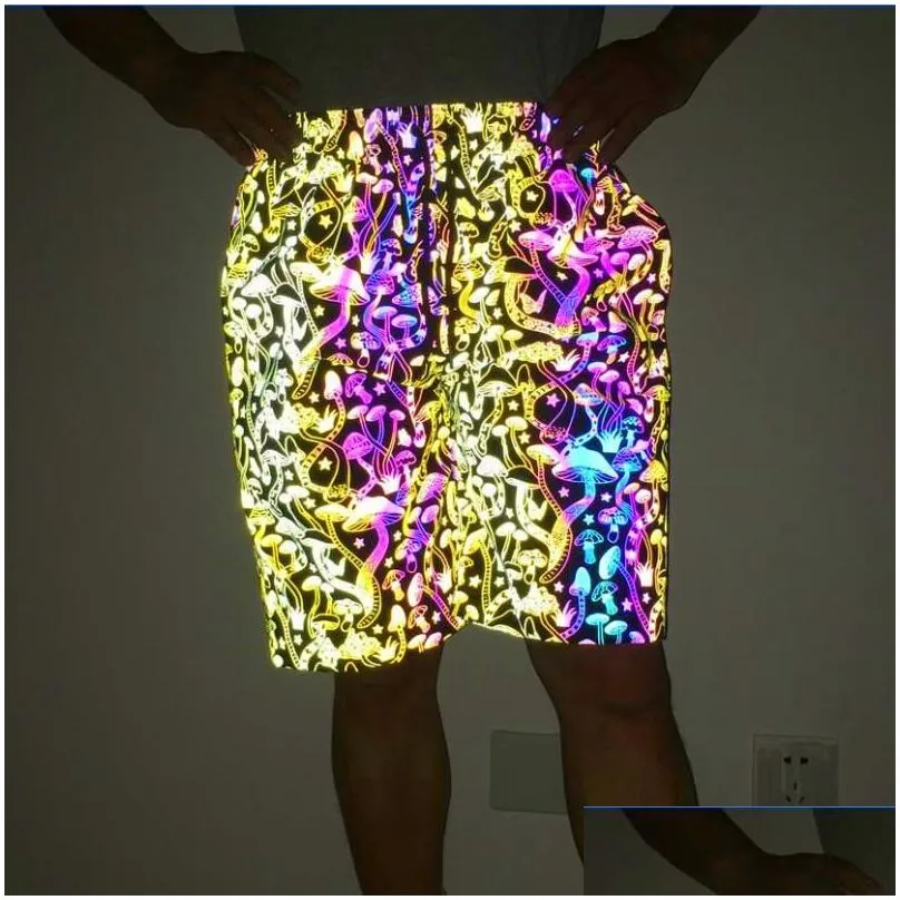 mens shorts est multicolor reflective mushroom men summer night shiny biker women short pants couple hip hop sexy ladies