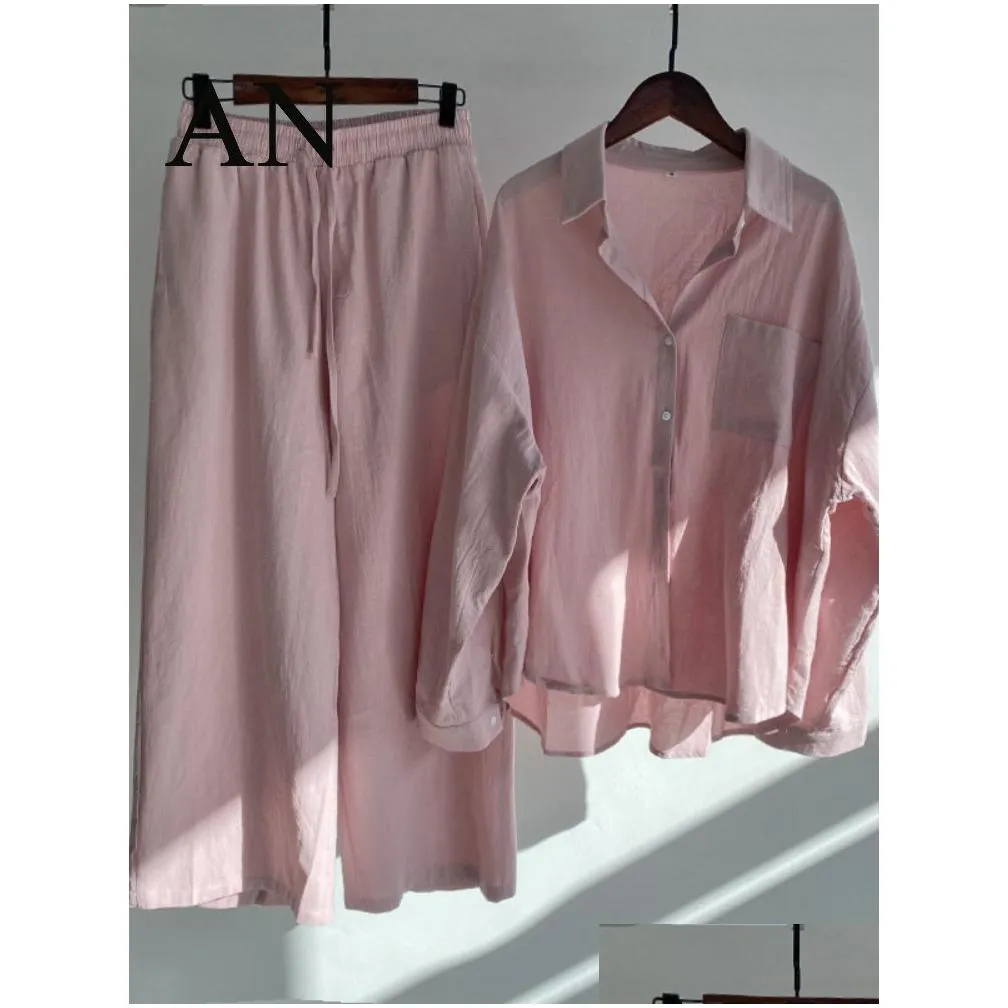 women s 2 piece retro oversize cotton and linen shirt plus high waist slacks suit sweatshirt set 220819