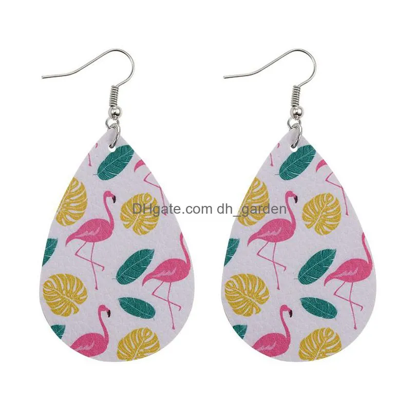 colorful fashion flamingo leaves leopard print charm pu leather earrings for women personality earring water drop oval dangle earring jewelry