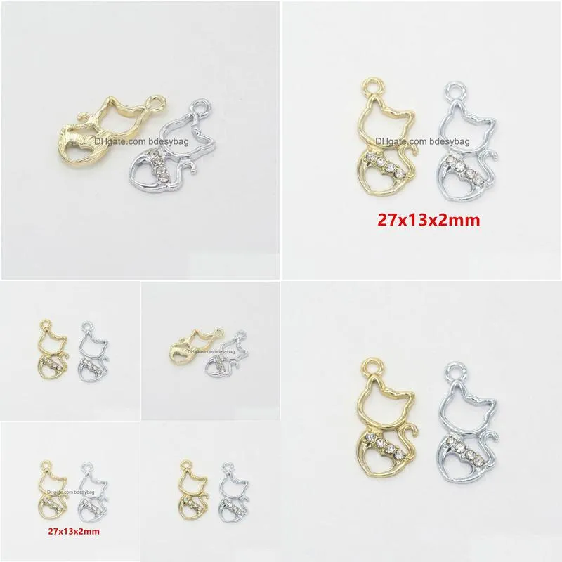 100pcs/lot rhinestone cute cat charms pendant 27x13mm gold silver plated good for craft jewelry making