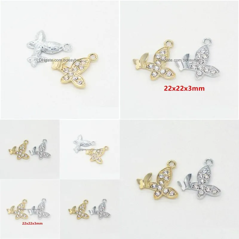 bulk 100pcs/lot rhinestone butterfly charms pendant 22x22mm gold silver plated good for diy craft jewelry making