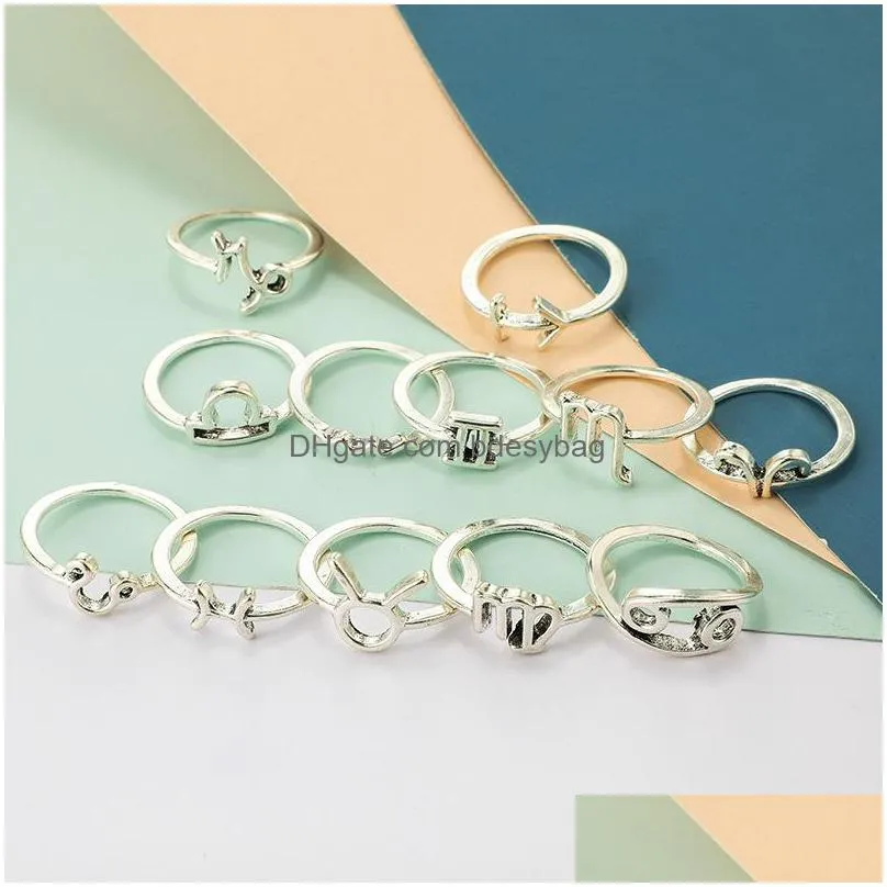 women vintage 12 constellations rings silver color finger couple ring set 2019 anillos female statement fashion jewelry