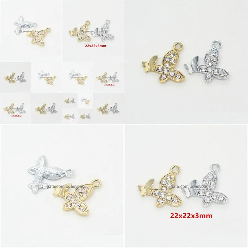 bulk 100pcs/lot rhinestone butterfly charms pendant 22x22mm gold silver plated good for diy craft jewelry making