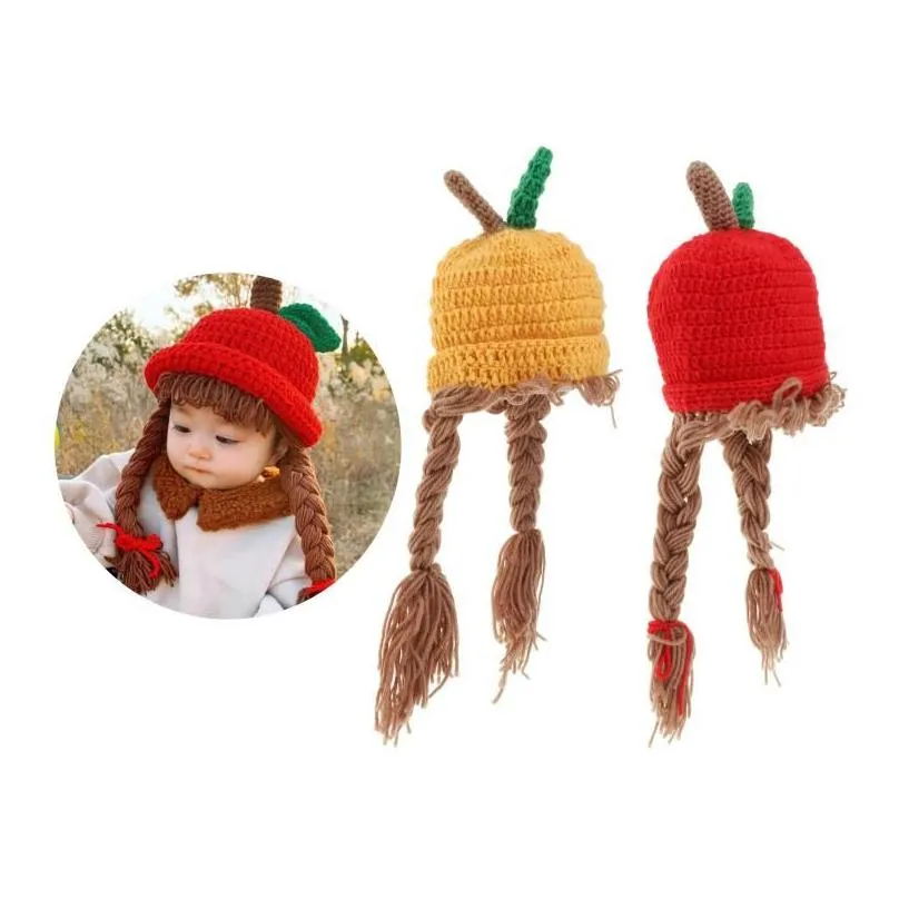 48cm kids knitted wig hat with 2 big braid girls cute winter cap  shape caps hats