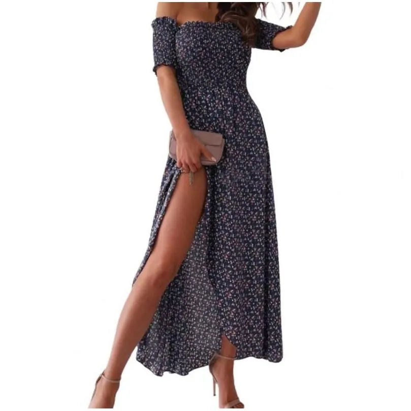 casual dresses women dress off shoulder floral print slim high split short sleeve flowy hem maxi streetwear 2xl