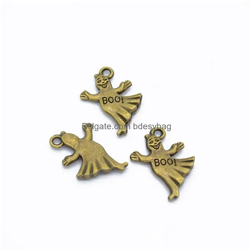 300pcs antique silver bronze plated happly halloween ghost charms pendants for necklace beads diy making 21x13mm