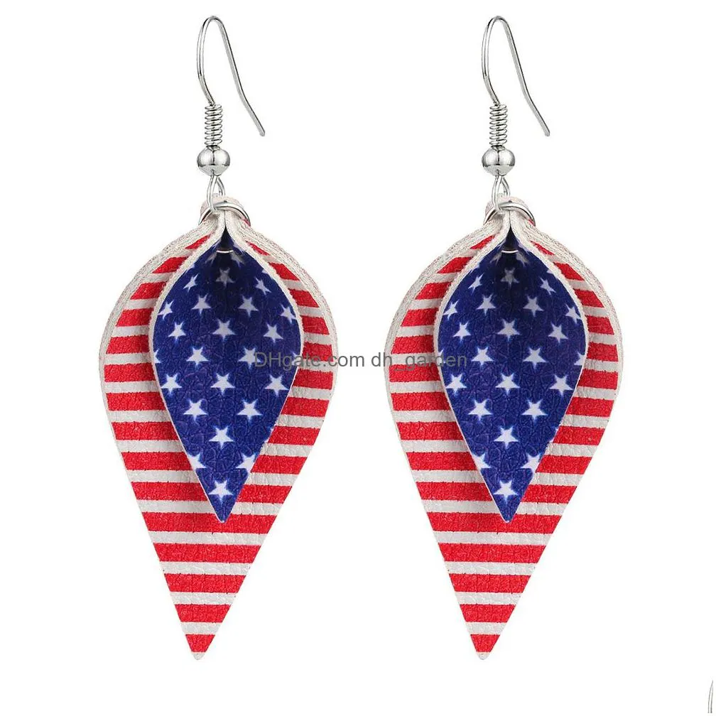 hot pattern leaf drop leather earrings for women american flag fivepointed star waterdrop dangle earring independence day