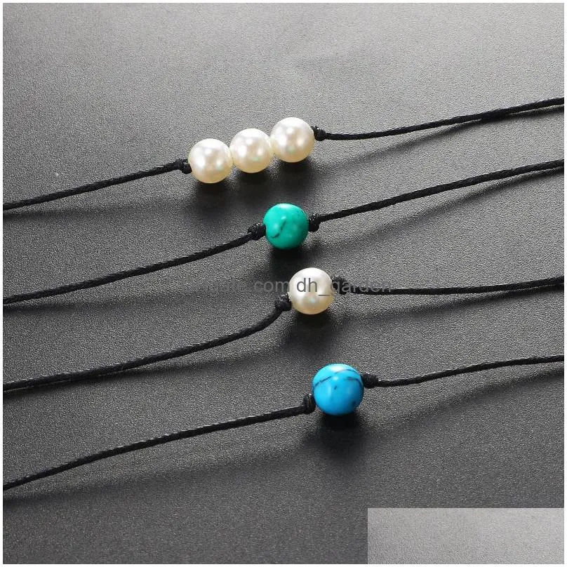 minimalist turquoise pearl bead wax anklets bracelet for women turquoise stone charm pendant bracelets boho jewelry 4pcs/set