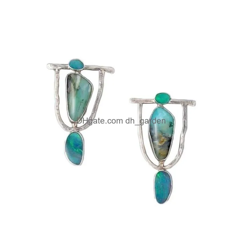 fashion vintage ethinic green resin stone drop earrings for women silver color natural bohemian dangle earring wholesale jewelry