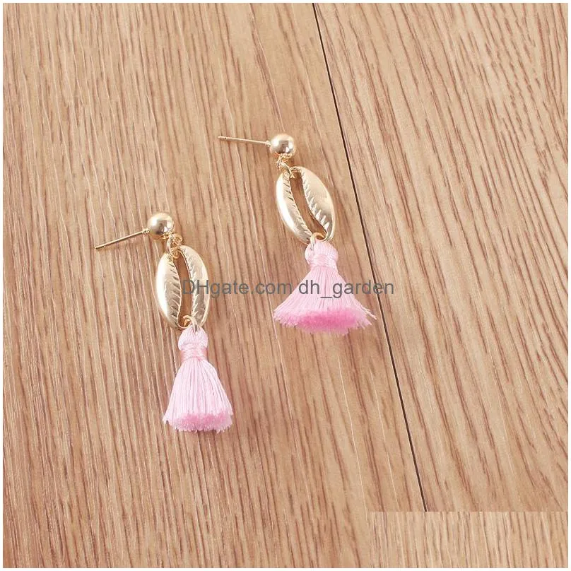new bohemian shell tassel earrings colorful silk fabric alloy shell shape long drop dangle earring for women jewelry gifts
