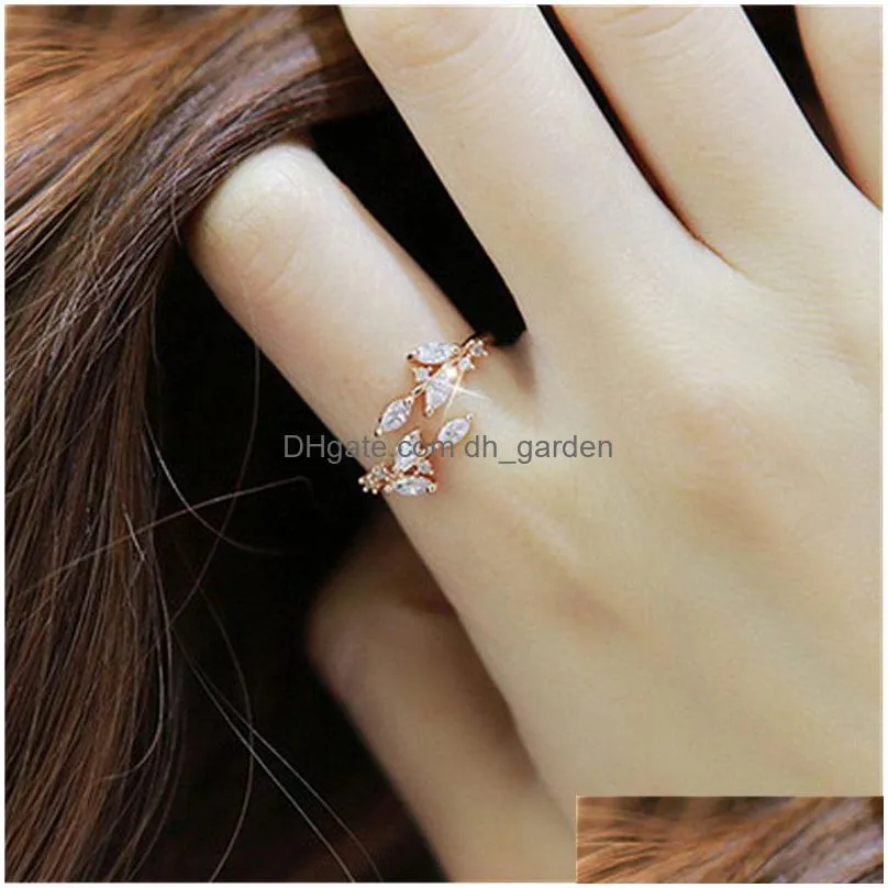 korean zircon leaves adjustable rings gold rose gold color open finger ring wedding rings wholesale for women girls jewelry party
