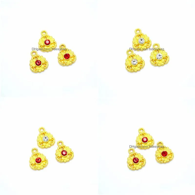 bulk 300pcs flower shape charms gold plated with white and red rhinestone good for necklace bracelet craft making 13x10mm