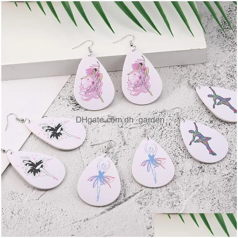 new design pu leather earrings ballet friendship mum love printed round teardrop dangle earring for women girl party jewelry gift