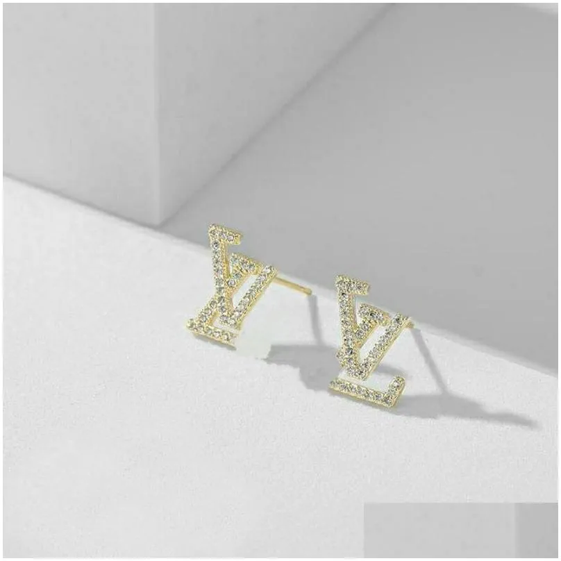 fashion women 18k gold plated designer ear stud earrings brand designers geometry letters crystal rhinestone earring wedding party jewerlry