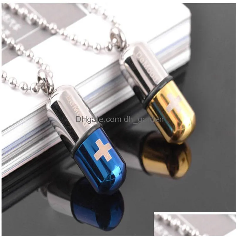fashion mens punk open capsule necklace perfume bottle pill cross stainless steel pendants chain for women jewelry creative gift