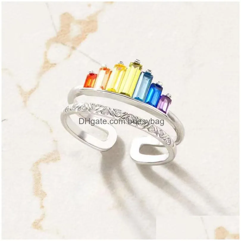 bohemian colorful rings double layel rainbow cz ring for women girls fashion engagement wedding band top quality charm finger jewelry