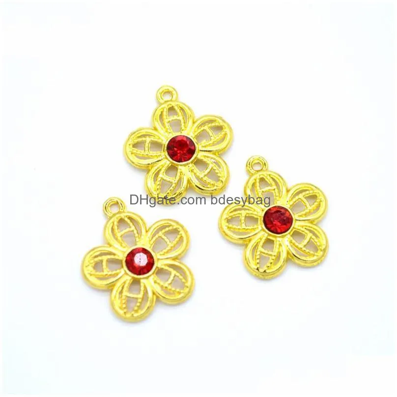 bulk 300pcs hollow out design gold plated flower charms pendant with rhinestone for necklace bracelet craft making 18x14mm