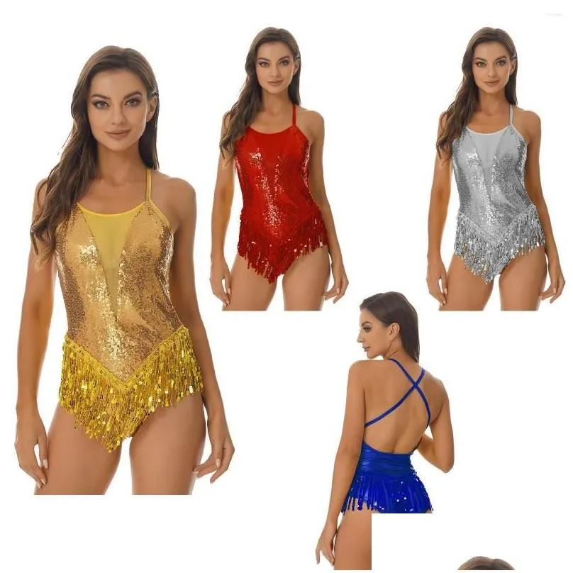 stage wear sparkling sequins latin jazz dance leotard bodysuits womens fringed jumpsuits for performance costumes