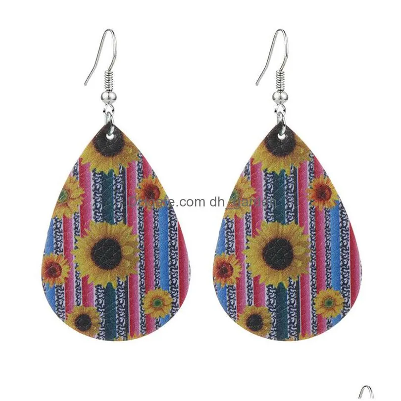 sunflower printed teardrop faux leather earrings lightweight rainbow leaf printed faux leather dangle earring girls bohemian jewelry