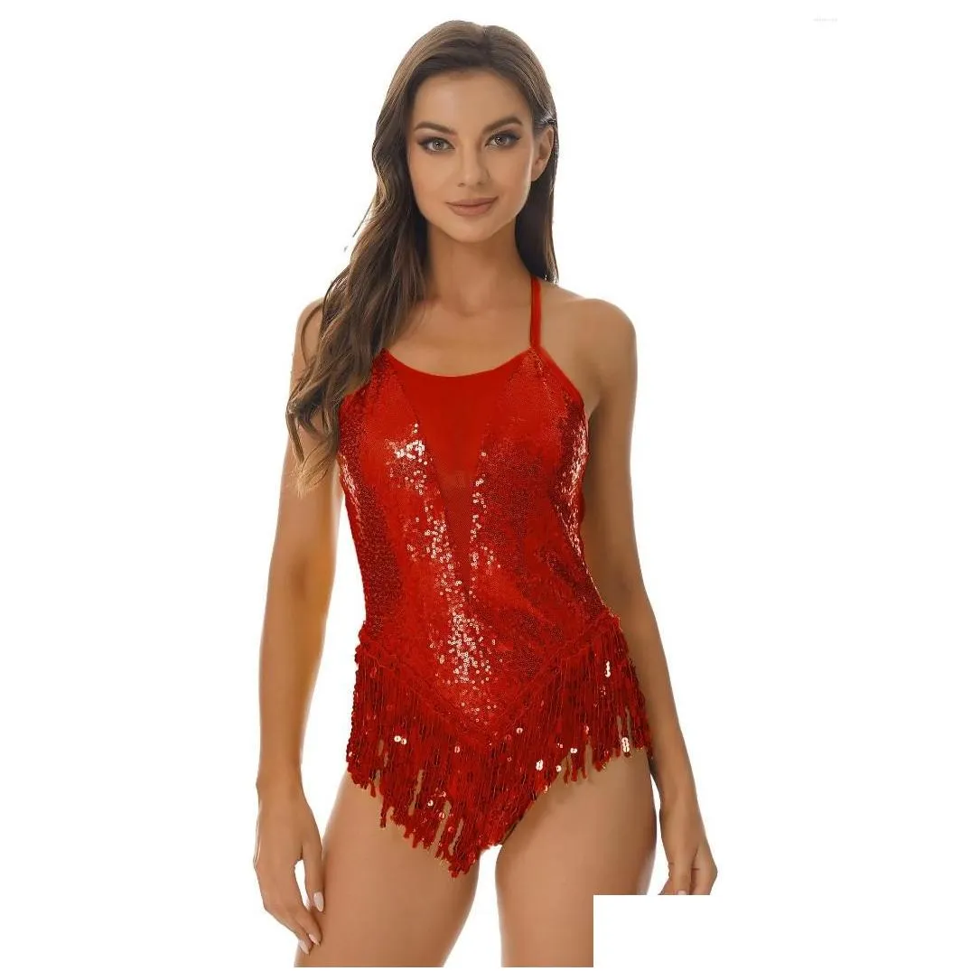 stage wear sparkling sequins latin jazz dance leotard bodysuits womens fringed jumpsuits for performance costumes