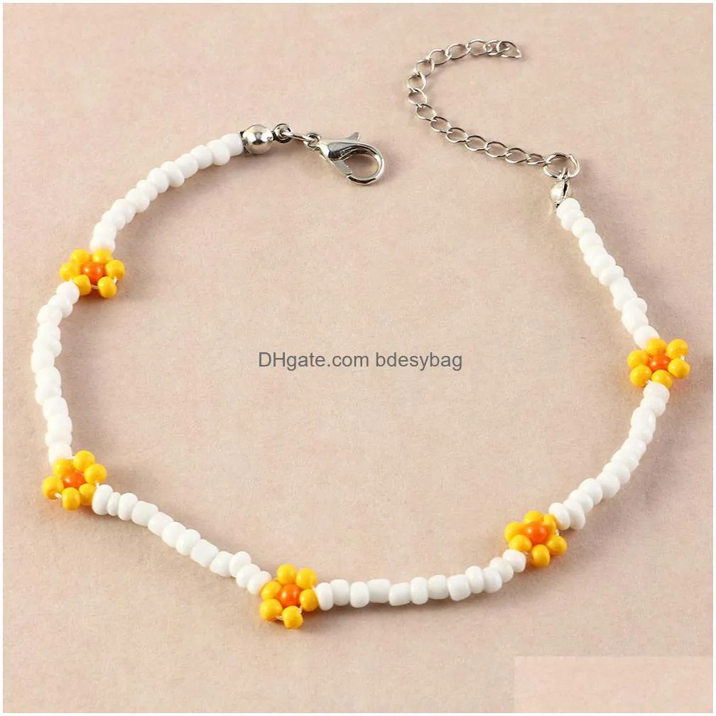 2021 new cute flower daidy bead anklet bracelet for women bohemian colorful handmade elastic strech anklet jewelry gift