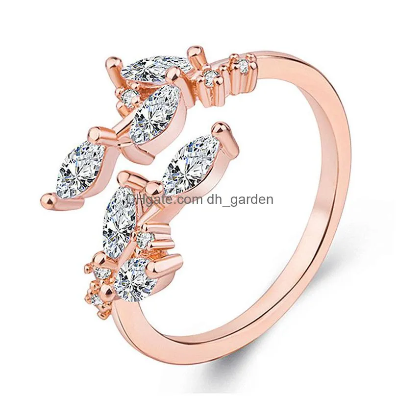 korean zircon leaves adjustable rings gold rose gold color open finger ring wedding rings wholesale for women girls jewelry party
