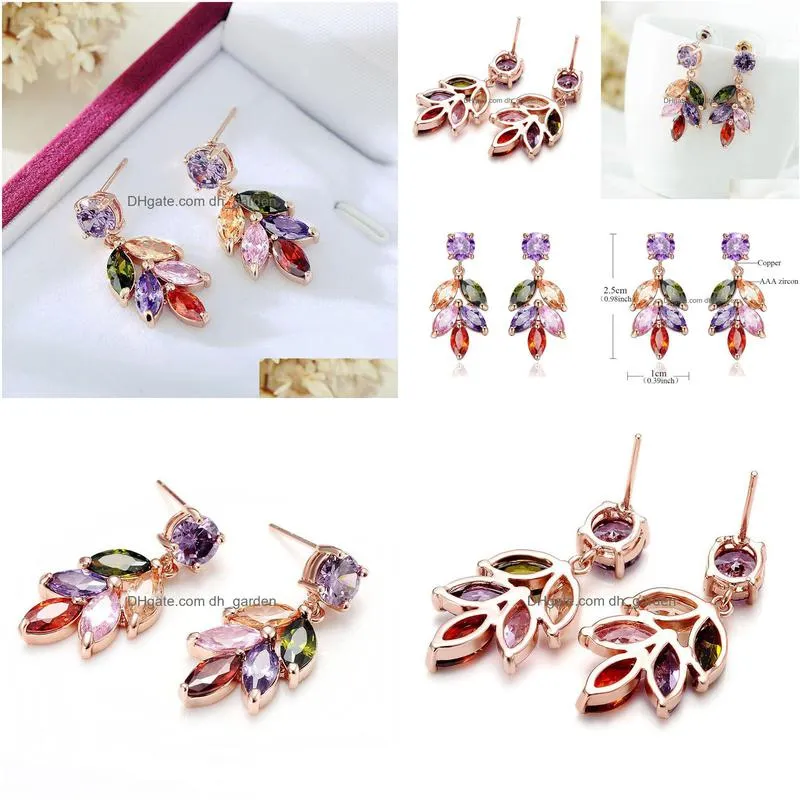 colorful zircon leaf earrings rose gold color flower shape zircon water drop pendant drop earrings for women bridal wedding jewelry