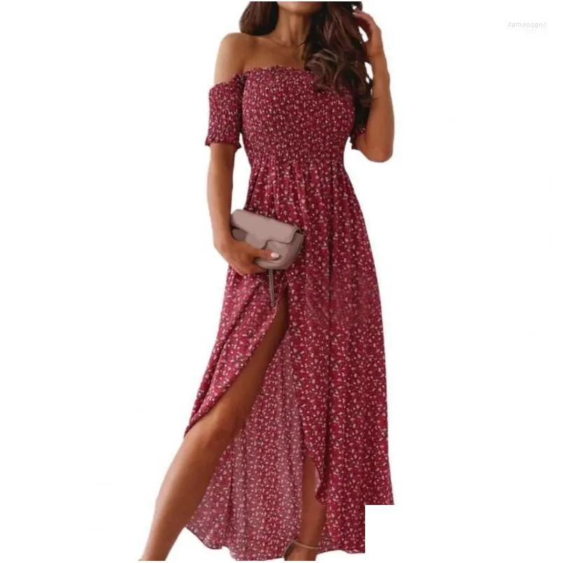 casual dresses women dress off shoulder floral print slim high split short sleeve flowy hem maxi streetwear 2xl