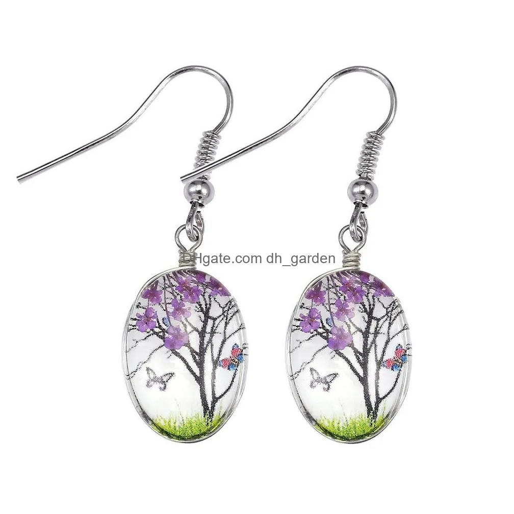 fashion dry flower dangle earring fashion dried flowers earrings glass oval ball tree of life drop earing creative jewelry gift
