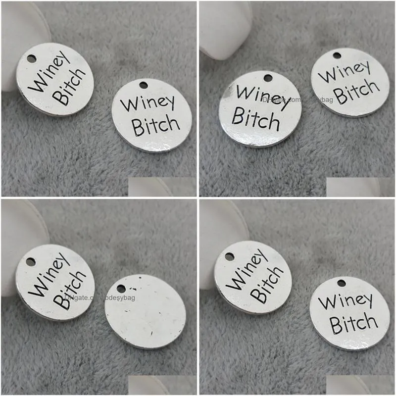 100pcs/lot 25mm gunmetal plating metal carved message winey bitch charms pendant for diy jewelry making