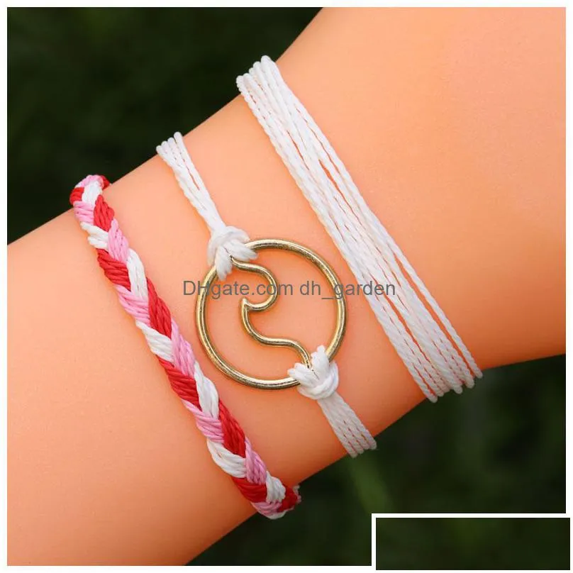 new 3pcs/set waterproof wax rope handmade woven bracelet for woman men lover fashion colorful braided rope wave shape charm bracelet