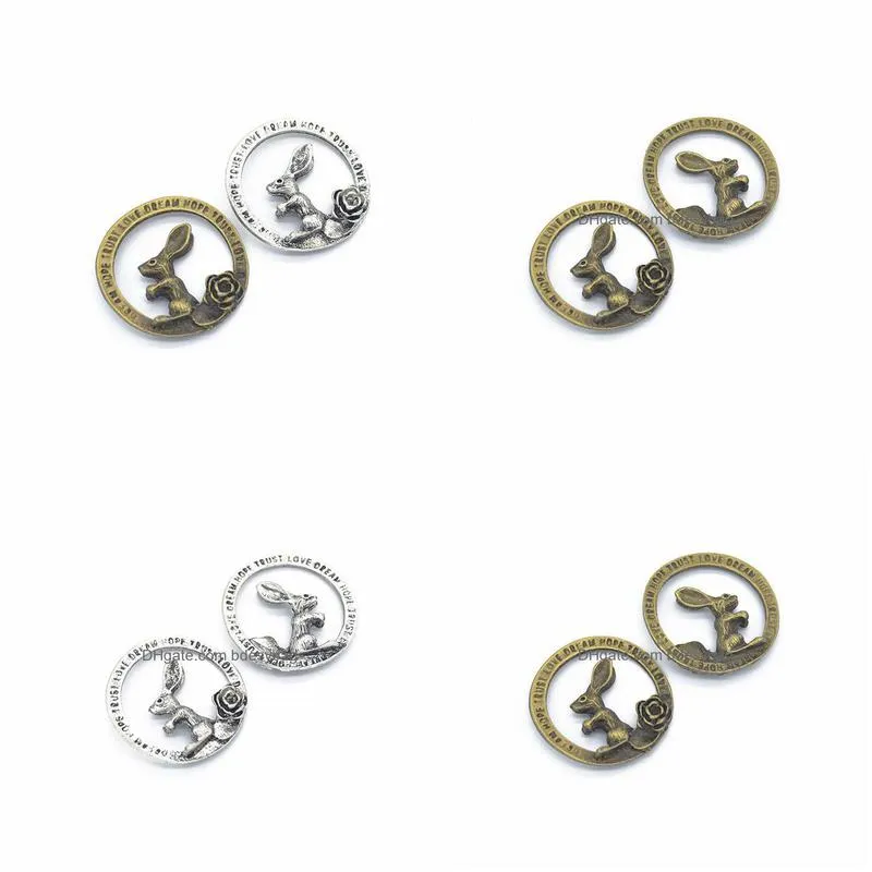 100 pcs antique bronze silver round charms letter rabbit charms rose flower charms hope trust love dream 33mm
