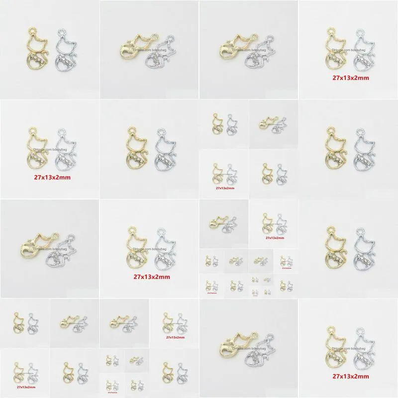 100pcs/lot rhinestone cute cat charms pendant 27x13mm gold silver plated good for craft jewelry making