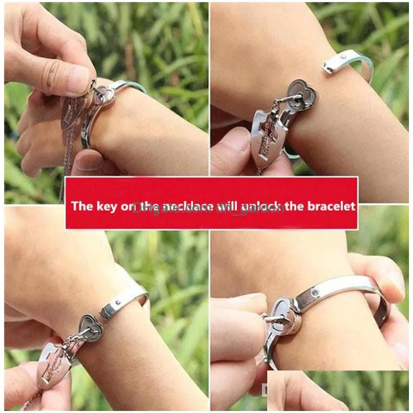 couple lovers jewelry love heart lock bracelet stainless steel bracelets bangles key pendant necklace valentines day gifts