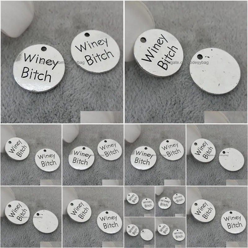 100pcs/lot 25mm gunmetal plating metal carved message winey bitch charms pendant for diy jewelry making