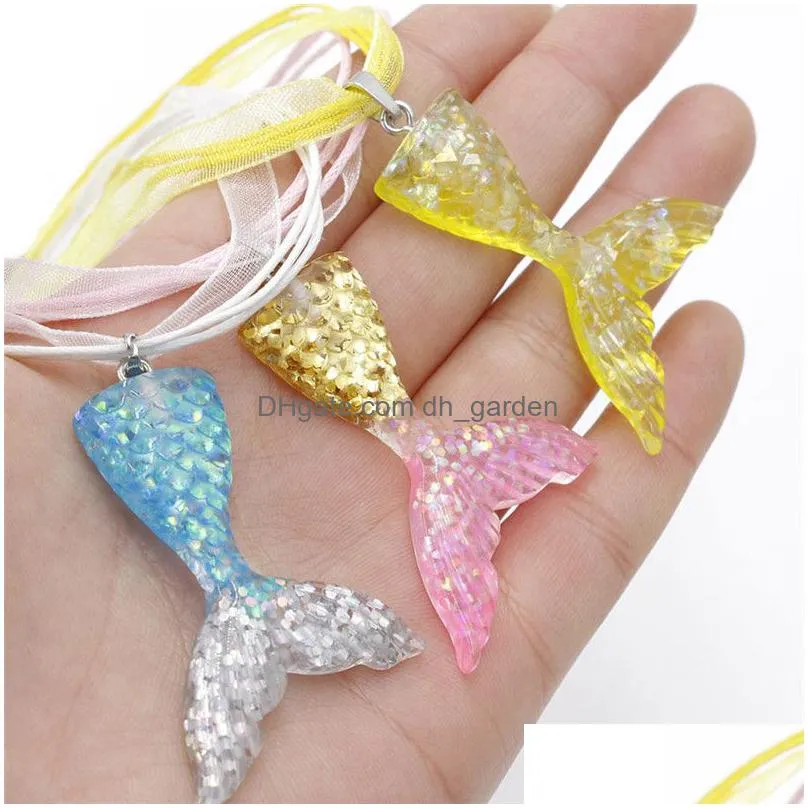 fashion mermaid fish tail necklace beauty gardient color resin fish tail pendant ribbon wax rope necklace for girls women best gifts