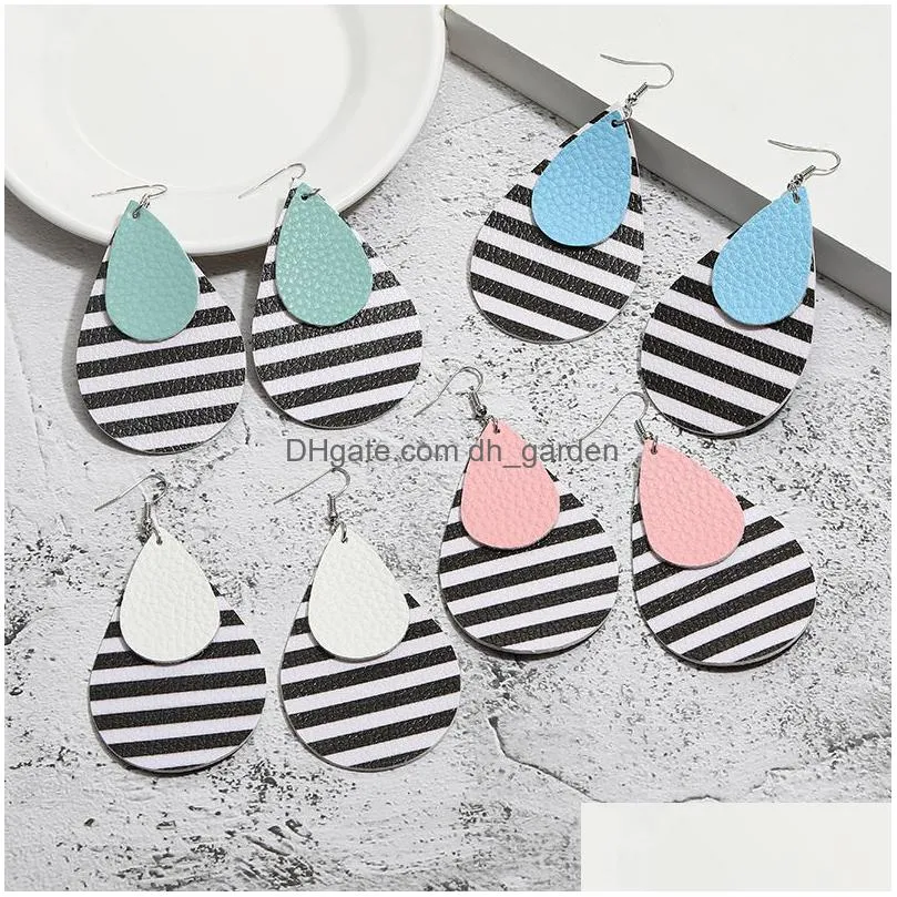 fashion women colorful pu leather earrings black and white stripes waterdrop double layer drop earring designer jewelry christmas gift