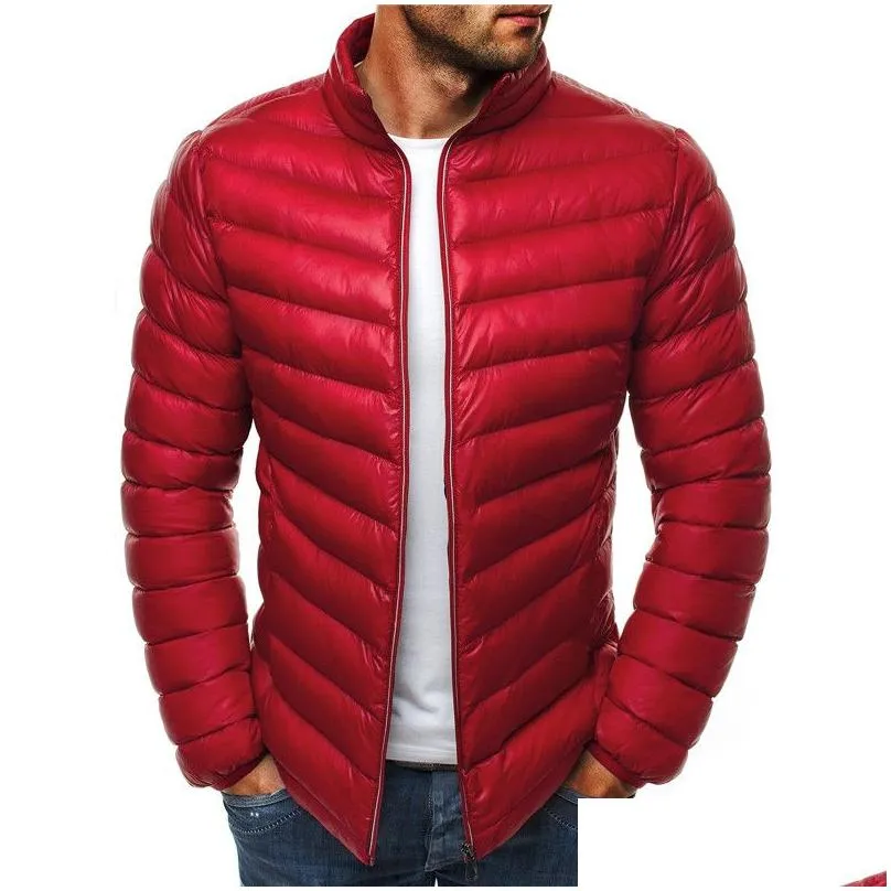 mens designer light down jackets parkas winter warm full zipper coats slim solid stand collar outwear casual windbreak jackets