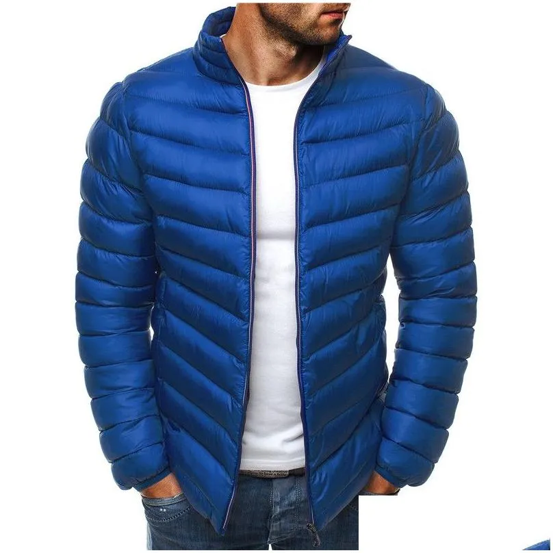 mens designer light down jackets parkas winter warm full zipper coats slim solid stand collar outwear casual windbreak jackets