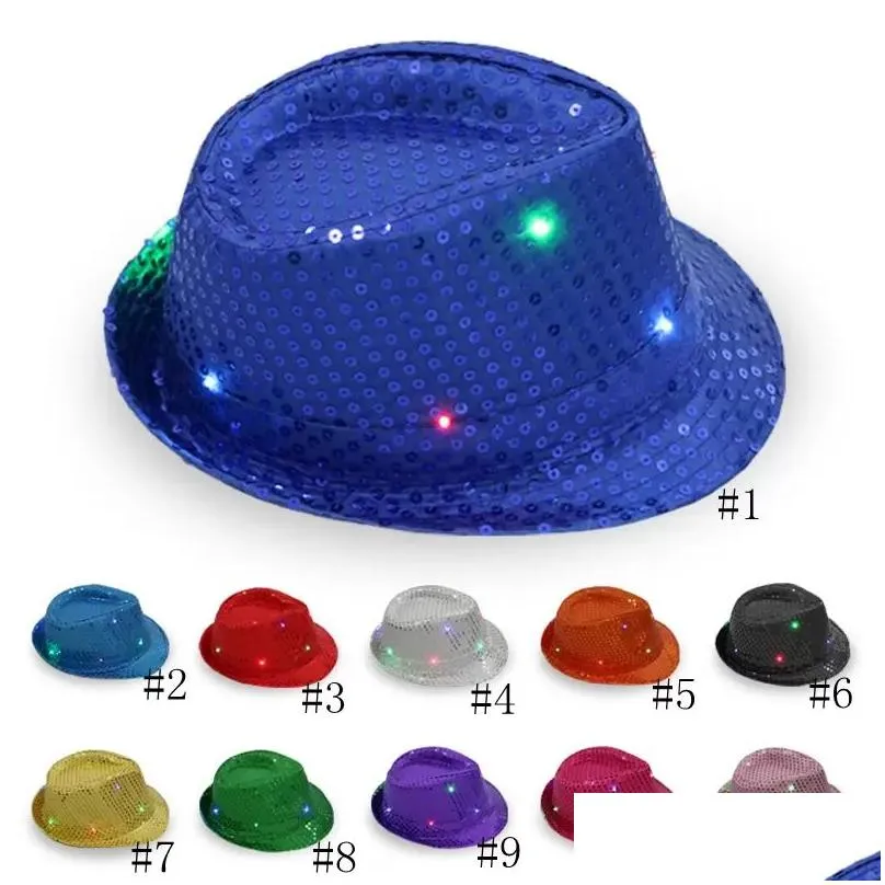 led jazz hats flashing light up fedora caps sequin cap fancy dress dance party hats uni hiphop lamp luminous cap a0301