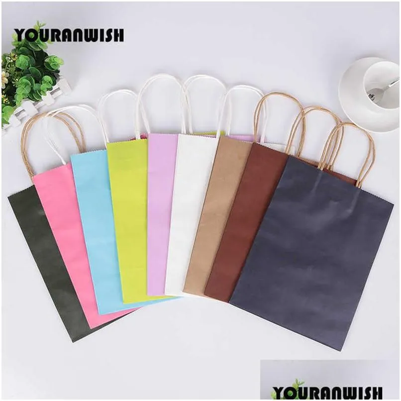 20pcs/lot white pink purple sky blue coffee kraft paper gift bag with handle wedding birthday party gift package bags 210724