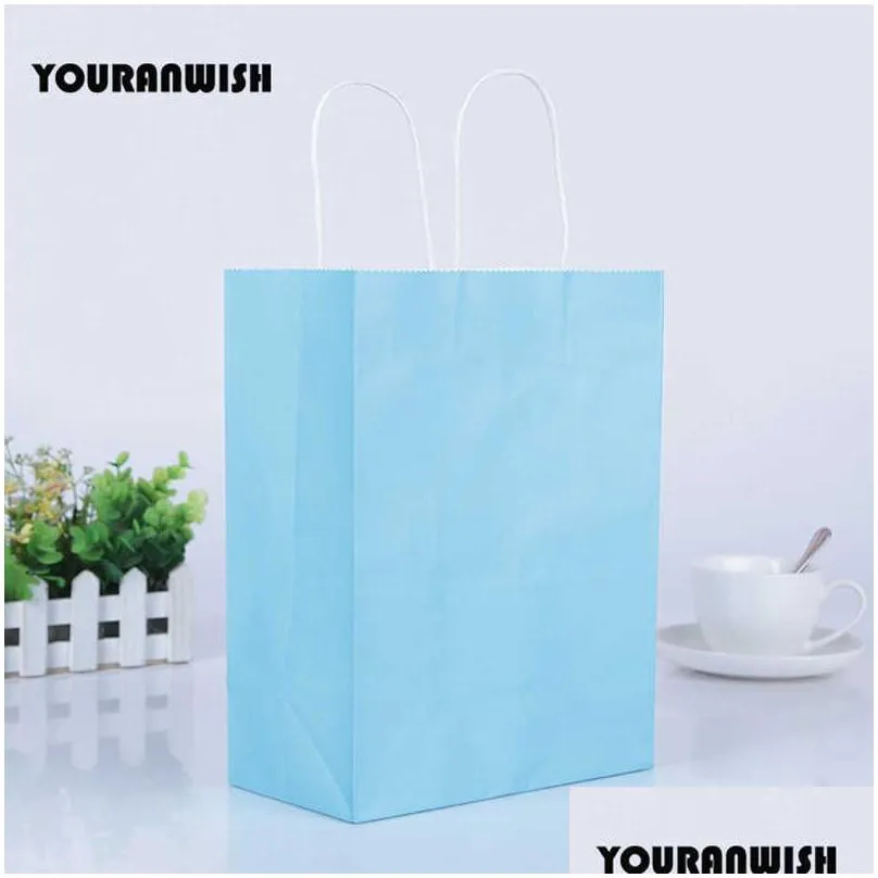 20pcs/lot white pink purple sky blue coffee kraft paper gift bag with handle wedding birthday party gift package bags 210724