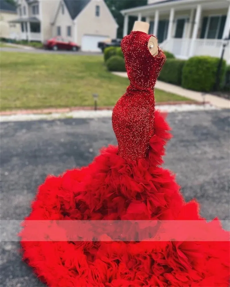 Red O Neck Long Prom Dress For Black Girls 2024 Beaded Appliques Birthday Party Dresses Ruffles Evening Gowns Mermaid High Slit