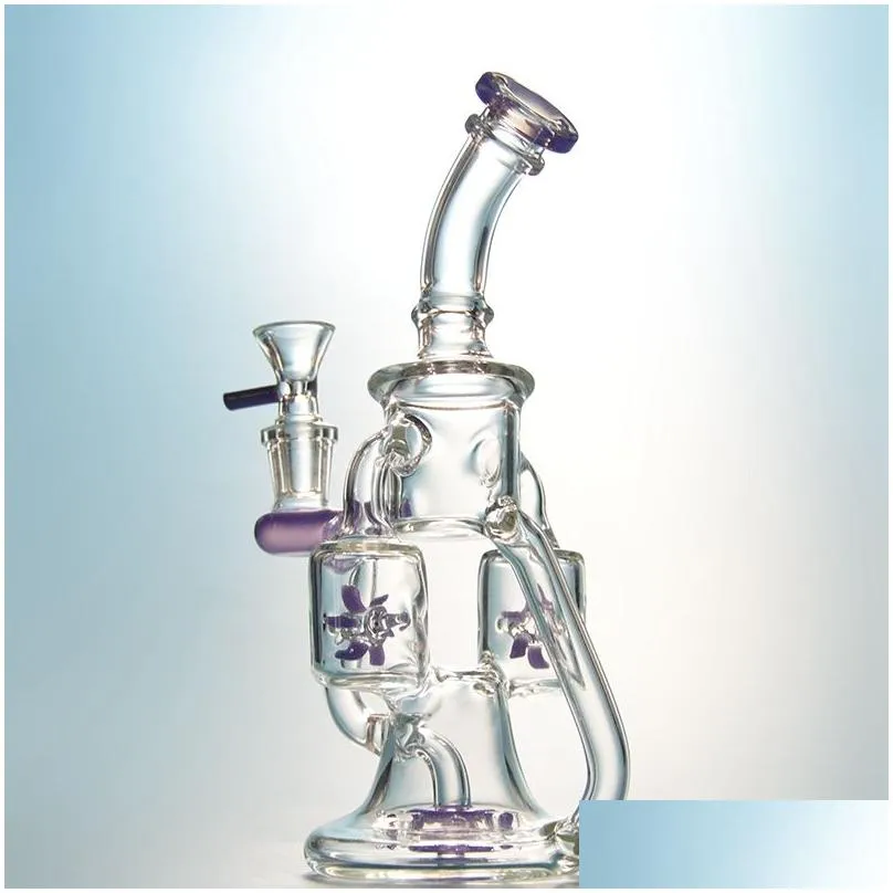 green purple glass bongs hookahs double recycler bong propeller spinning percolator oil rigs dab rig 14mm joint water pipes with heady bowl