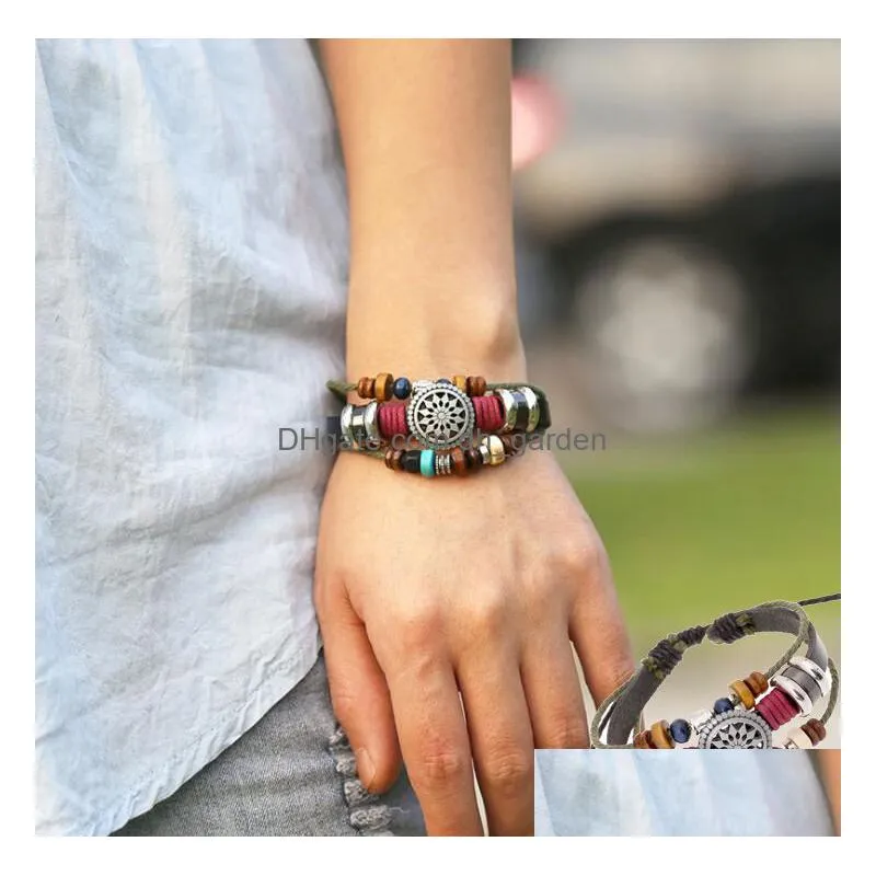 trendy multilayer leather bracelet sun charms beads braided bracelets for men women vintage punk wrap wristband jewelry wholesale