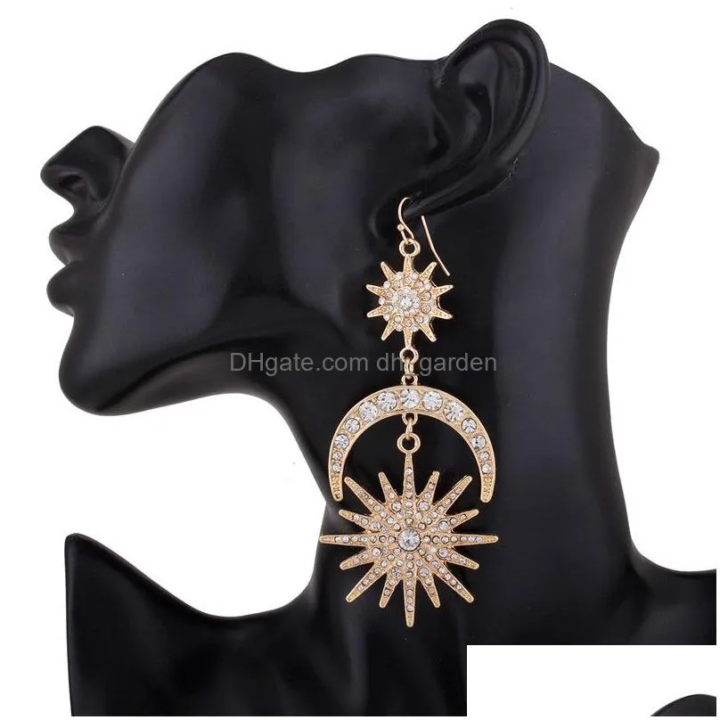 new fashion big luxury sun moon stars drop earrings rhinestone punk earrings for women men jewelry golden boho vintage statement