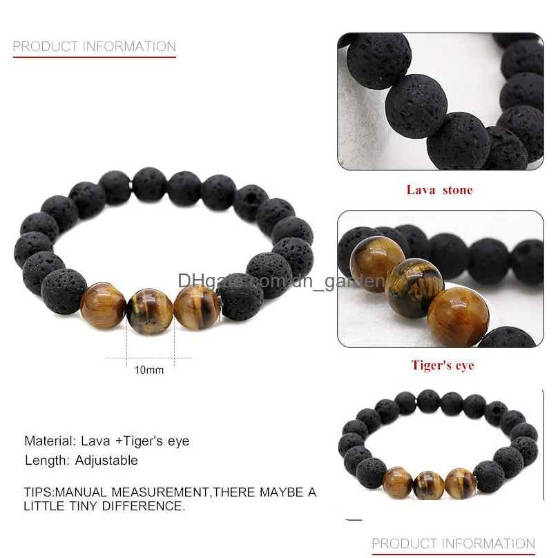trendy 10mm black lava stone bracelets chakra healing balance yoga beads bracelet for women stretch tiger eye stone charms jewelry
